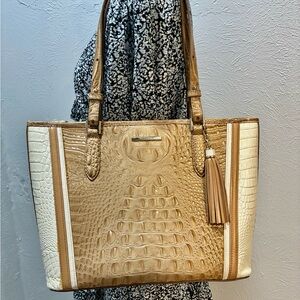Brahmin Crocodile Embossed, Elegant Tan and Cream Luxury Tote Bag…Like New